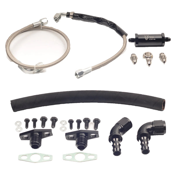 Demon Pro Parts Braided Stainless Steel Oil Feed Lines with Inline Filter & Demon Prop Parts Oil Drain Line with AN Fittings